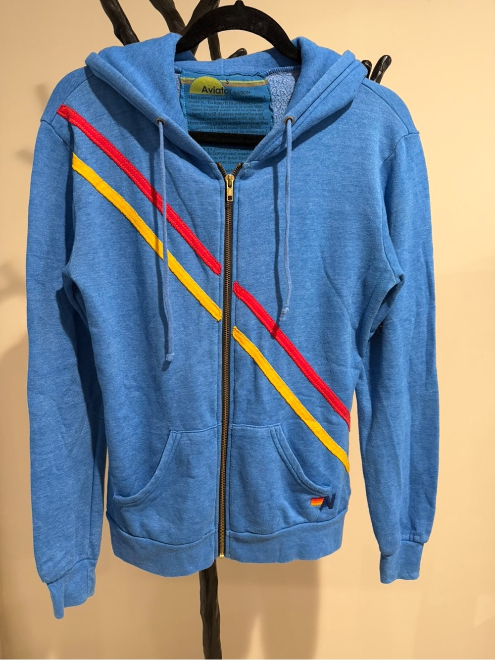 Aviator Nation Blue Zip Hoodie with Red & Yellow Stripes Size S